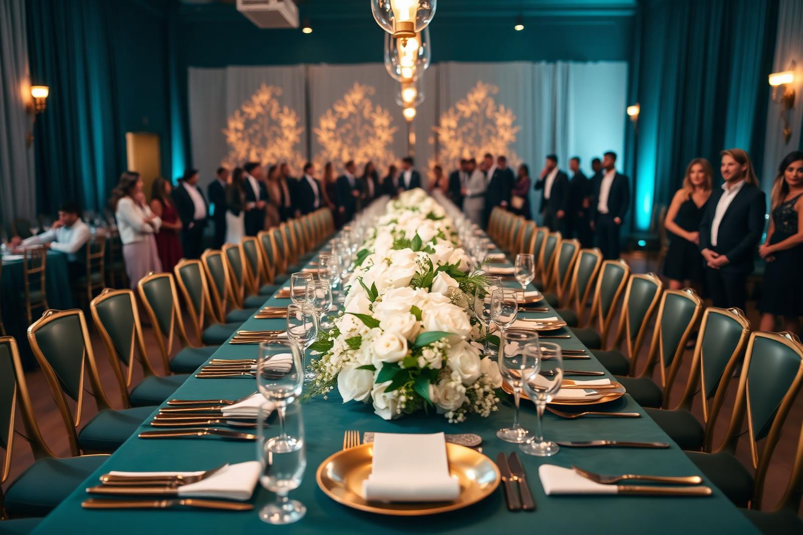 An elegantly produced gala dinner with deep teal linens and ivory florals